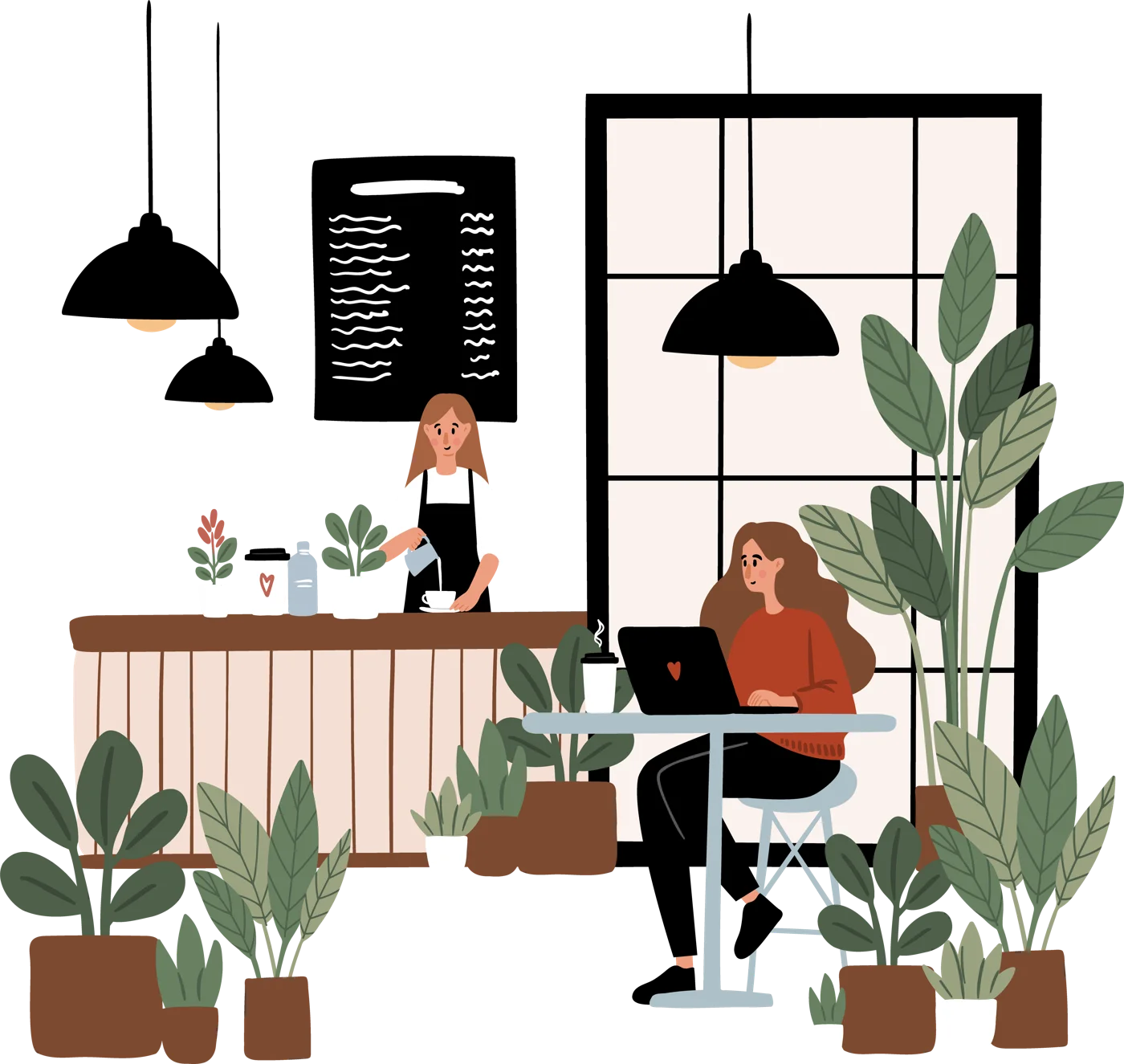Illustration: Barista an der Theke und eine Frau am Laptop in einem Café mit vielen Pflanzen