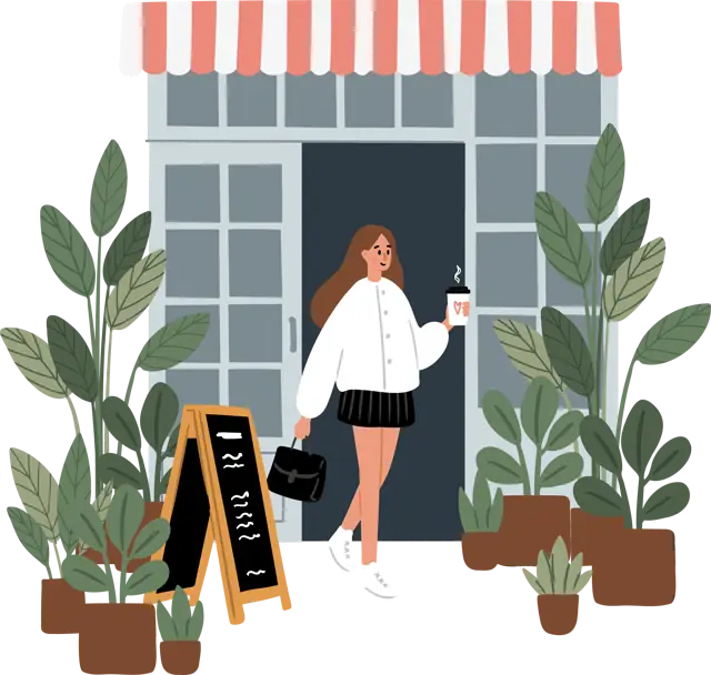 Illustration: Mitarbeiterin kommt mit Kaffee zur Schicht